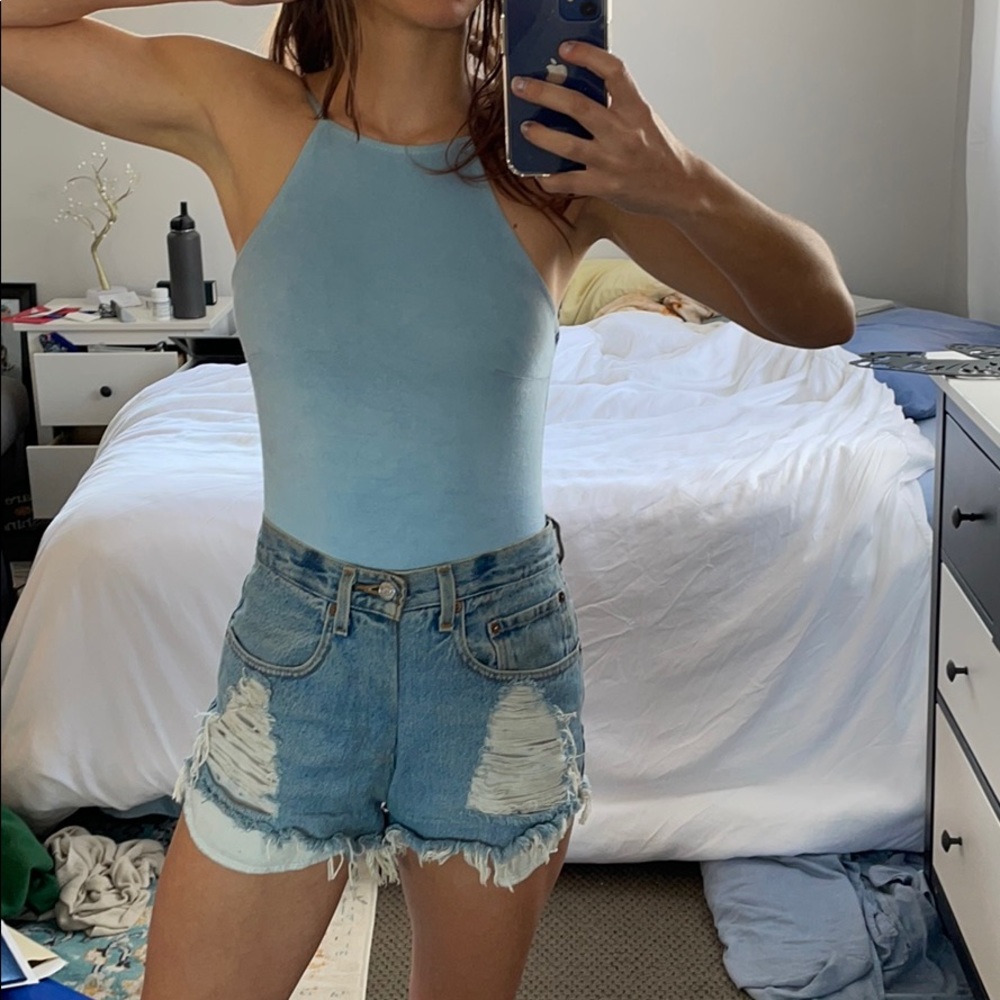 Suede high neck open back bodysuit
